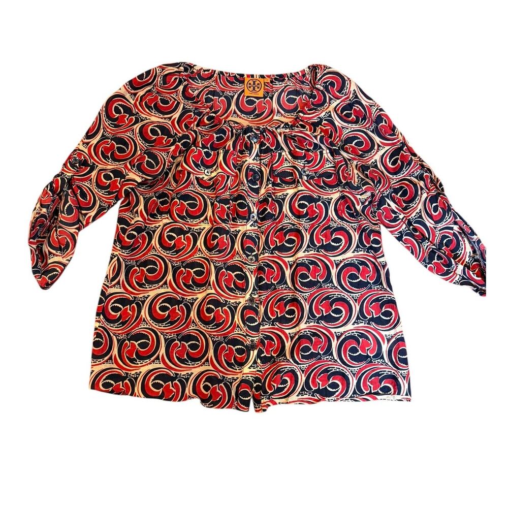 TORY BURCH Women's Abstract Button Down Blouse Sz 14 Red Blue Cotton Silk Blend - Picture 2 of 9